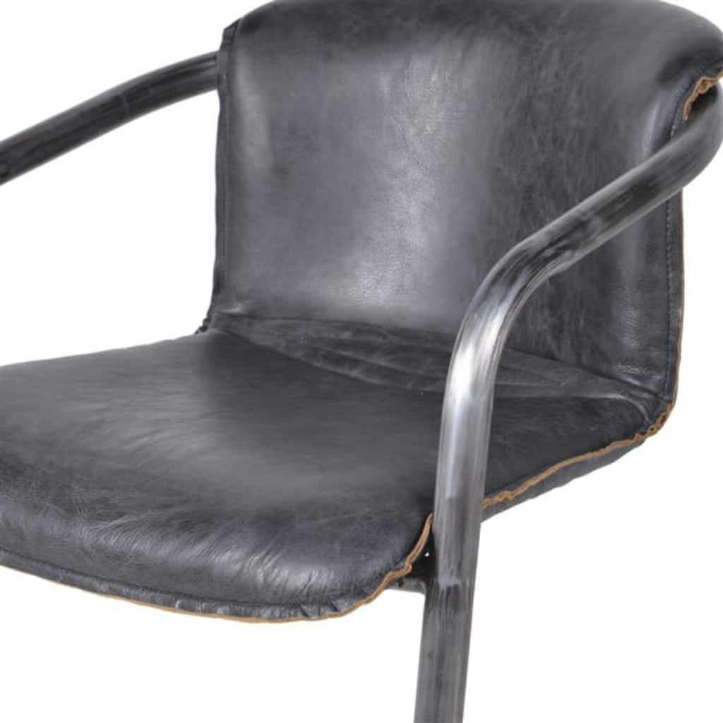 Antique Slate Leather and Iron Low Back Chair